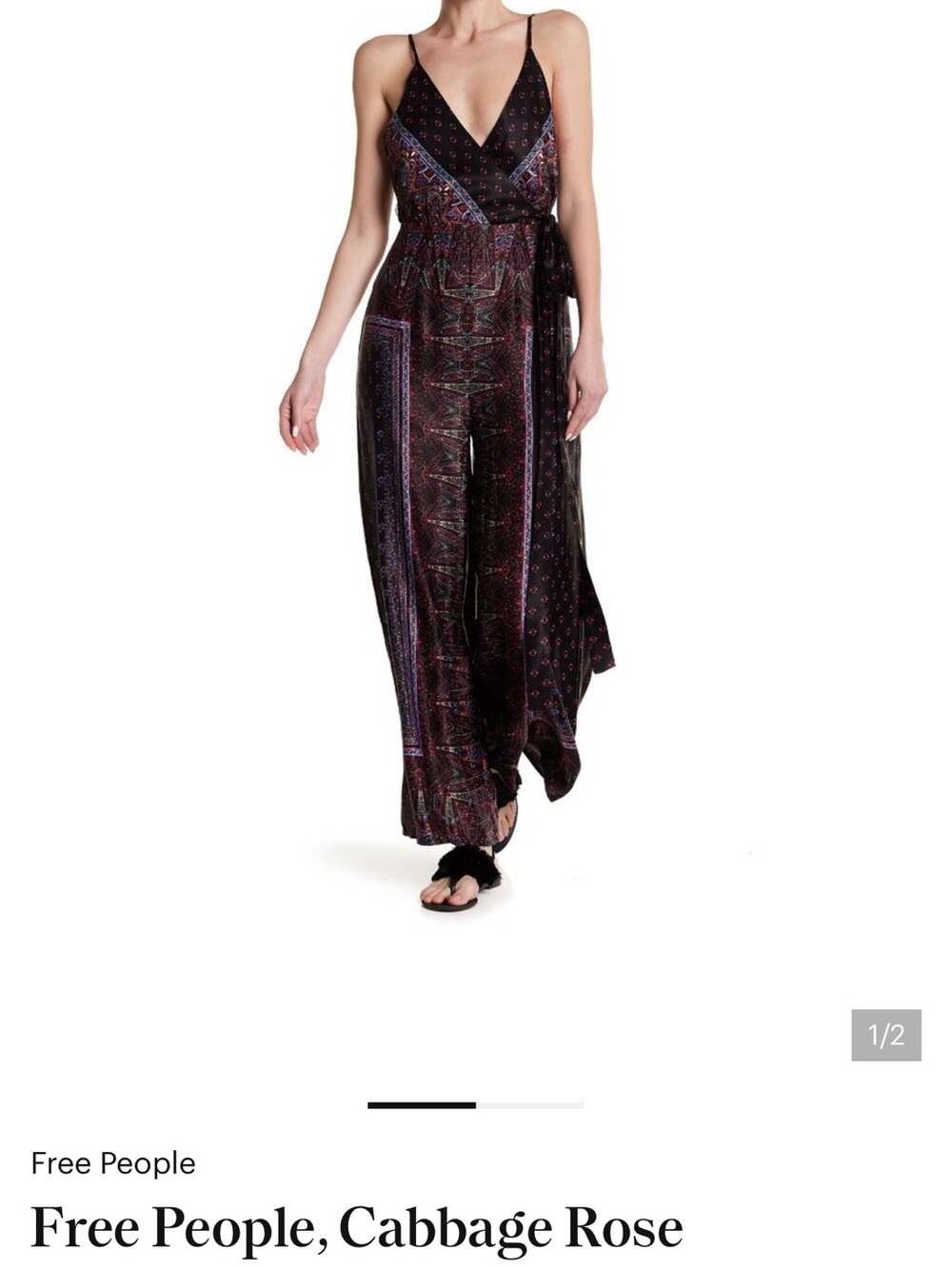 Free People cabbage Rose Black Multi Printed Satin Wrap Jumpsuit